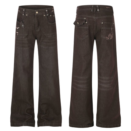 Women's High Street Embroidered Pocket Washed Distressed Cat Whisker Micro Flare Denim Jeans