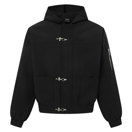 Techwear Utility Zipper Sleeve Metal Buckle Closure Hooded Loose Fit Unisex Windbreaker Jacket