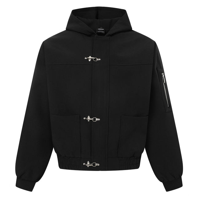 Techwear Utility Zipper Sleeve Metal Buckle Closure Hooded Loose Fit Unisex Windbreaker Jacket