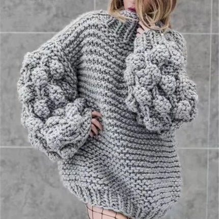 New autumn and winter fashionable sweaters with knitted pom-poms and lantern sleeves