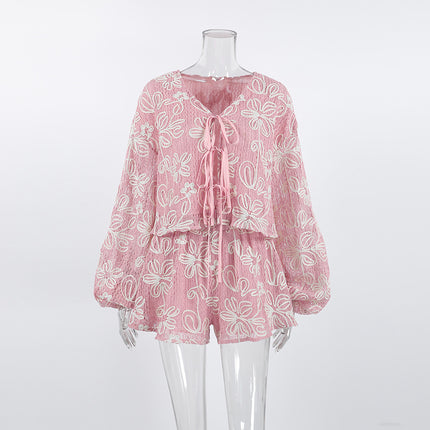 V-neck long sleeved lace up top and shorts two-piece set