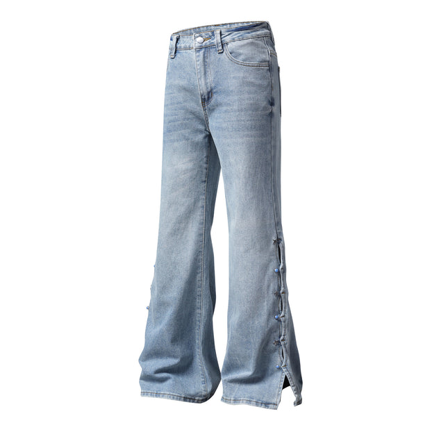 Light Blue Washed Micro Flare Jeans with Star Button Side Slit Hem
