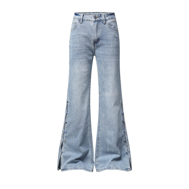 Light Blue Washed Micro Flare Jeans with Star Button Side Slit Hem