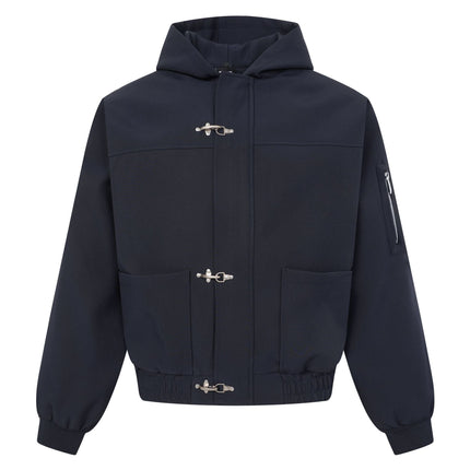 Techwear Utility Zipper Sleeve Metal Buckle Closure Hooded Loose Fit Unisex Windbreaker Jacket