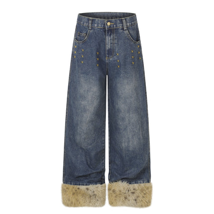 Wide Leg High Waist Washed Distressed Denim Jeans with Rivets and Frayed Hems for Women