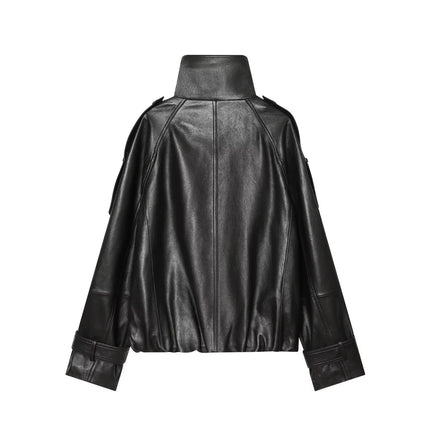 Loose pocket decoration double breasted stand up collar faux leather jacket for women