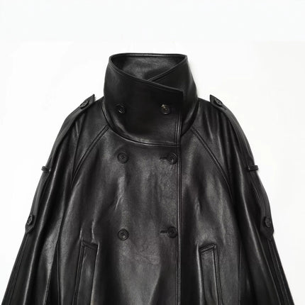 Loose pocket decoration double breasted stand up collar faux leather jacket for women