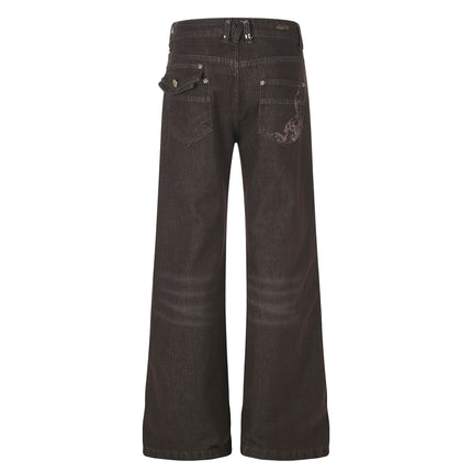 Women's High Street Embroidered Pocket Washed Distressed Cat Whisker Micro Flare Denim Jeans