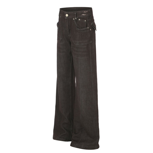 Women's High Street Embroidered Pocket Washed Distressed Cat Whisker Micro Flare Denim Jeans