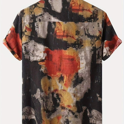Mens Geometric Pattern Retro Oil Painting Style Short Sleeve Lapel Shirt - Comfy Casual Button Down Shirt for Summer Holiday - Cotton Blend, Non-Stretch, Regular Fit, All-Season Wear.