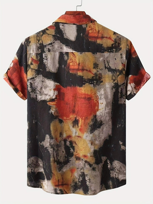 Mens Geometric Pattern Retro Oil Painting Style Short Sleeve Lapel Shirt - Comfy Casual Button Down Shirt for Summer Holiday - Cotton Blend, Non-Stretch, Regular Fit, All-Season Wear.