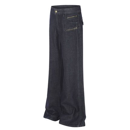 High Street Distressed Washed Denim Micro Flare Jeans with Multi-Zipper Detail