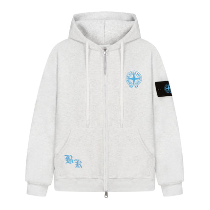 Zip Up Hoodie Jacket Drop Shoulder Loose Fit Badge Embroidery Unisex Multi Color