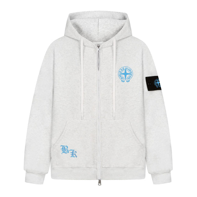 Zip Up Hoodie Jacket Drop Shoulder Loose Fit Badge Embroidery Unisex Multi Color