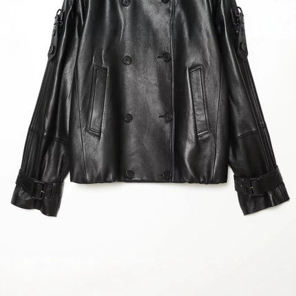 Loose pocket decoration double breasted stand up collar faux leather jacket for women