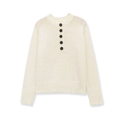 Long sleeved round neck single breasted threaded knit sweater
