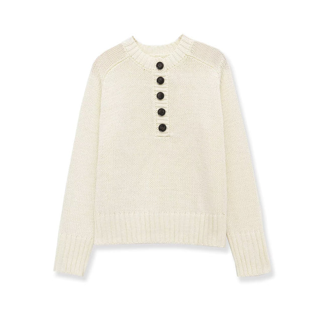 Long sleeved round neck single breasted threaded knit sweater