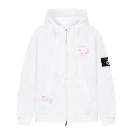 Zip Up Hoodie Jacket Drop Shoulder Loose Fit Badge Embroidery Unisex Multi Color