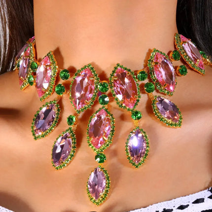 Pink and Green Rhinestone Necklace