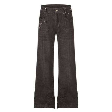 Women's High Street Embroidered Pocket Washed Distressed Cat Whisker Micro Flare Denim Jeans