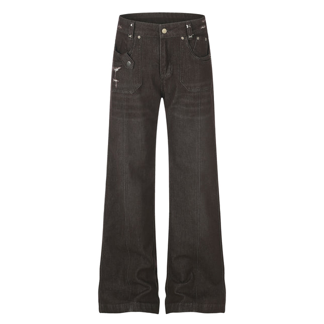Women's High Street Embroidered Pocket Washed Distressed Cat Whisker Micro Flare Denim Jeans