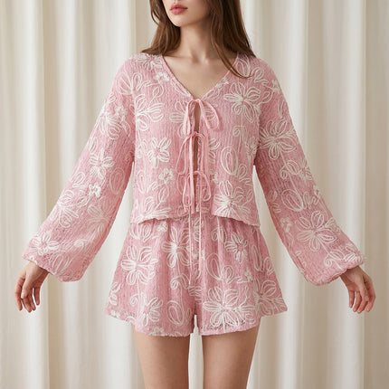 V-neck long sleeved lace up top and shorts two-piece set