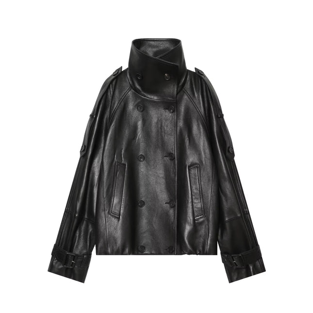 Loose pocket decoration double breasted stand up collar faux leather jacket for women