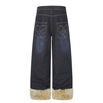 Wide Leg High Waist Washed Distressed Denim Jeans with Rivets and Frayed Hems for Women