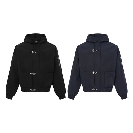 Techwear Utility Zipper Sleeve Metal Buckle Closure Hooded Loose Fit Unisex Windbreaker Jacket