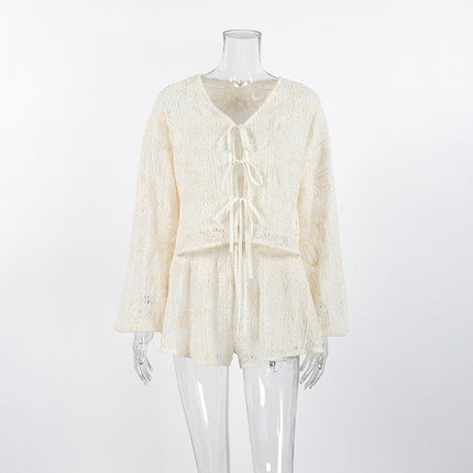 V-neck long sleeved lace up top and shorts two-piece set