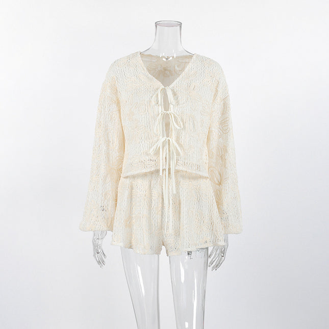 V-neck long sleeved lace up top and shorts two-piece set