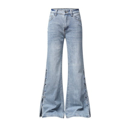 Light Blue Washed Micro Flare Jeans with Star Button Side Slit Hem