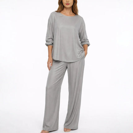 Solid color loose casual suit wide leg pants two-piece set