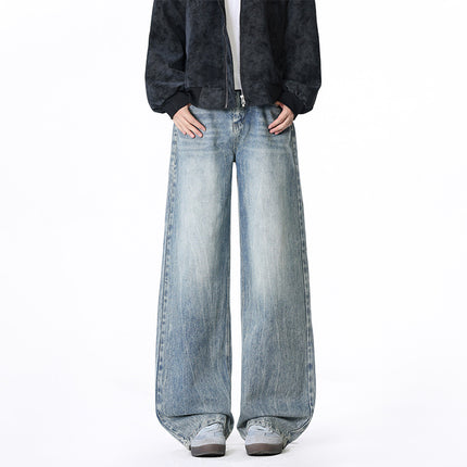 Men's Loose Straight Leg Floor Length Jeans Casual Pants with Belt Loops