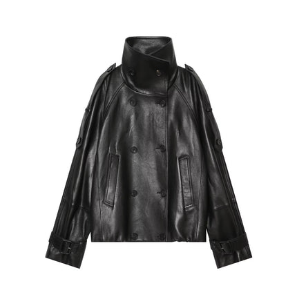 Loose pocket decoration double breasted stand up collar faux leather jacket for women