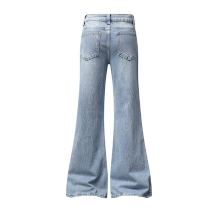 Light Blue Washed Micro Flare Jeans with Star Button Side Slit Hem
