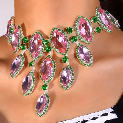 Pink and Green Rhinestone Necklace