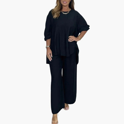 Solid color loose casual suit wide leg pants two-piece set