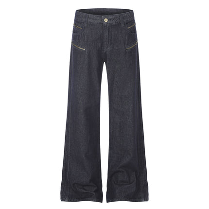 High Street Distressed Washed Denim Micro Flare Jeans with Multi-Zipper Detail