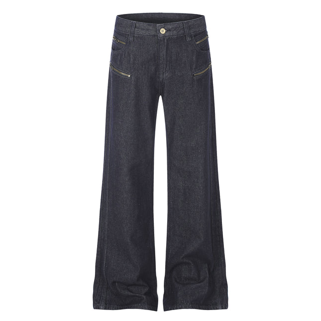 High Street Distressed Washed Denim Micro Flare Jeans with Multi-Zipper Detail