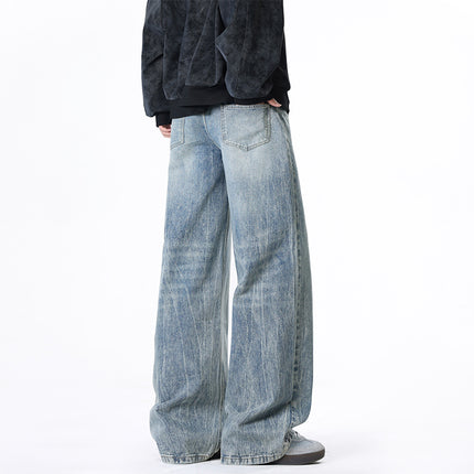 Men's Loose Straight Leg Floor Length Jeans Casual Pants with Belt Loops