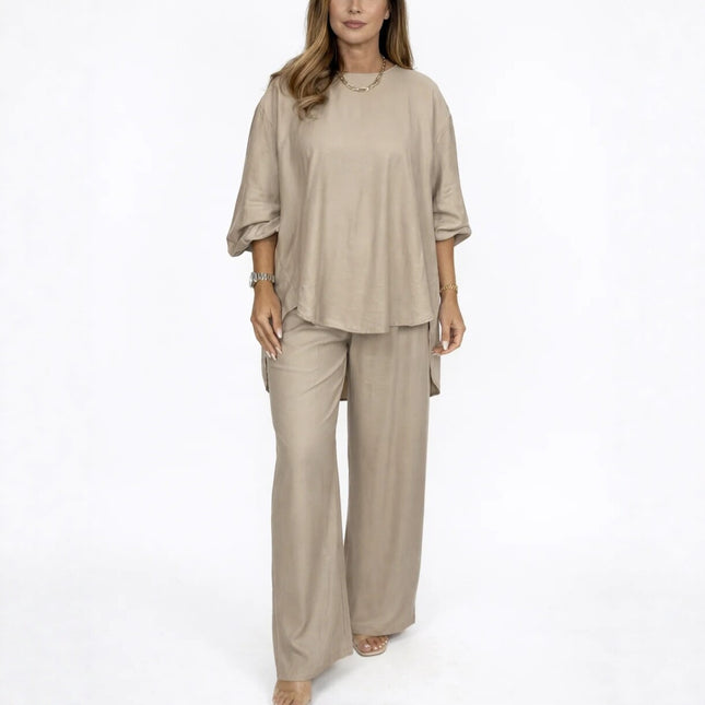 Solid color loose casual suit wide leg pants two-piece set