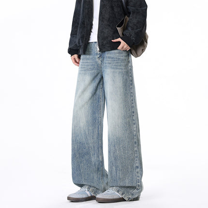 Men's Loose Straight Leg Floor Length Jeans Casual Pants with Belt Loops