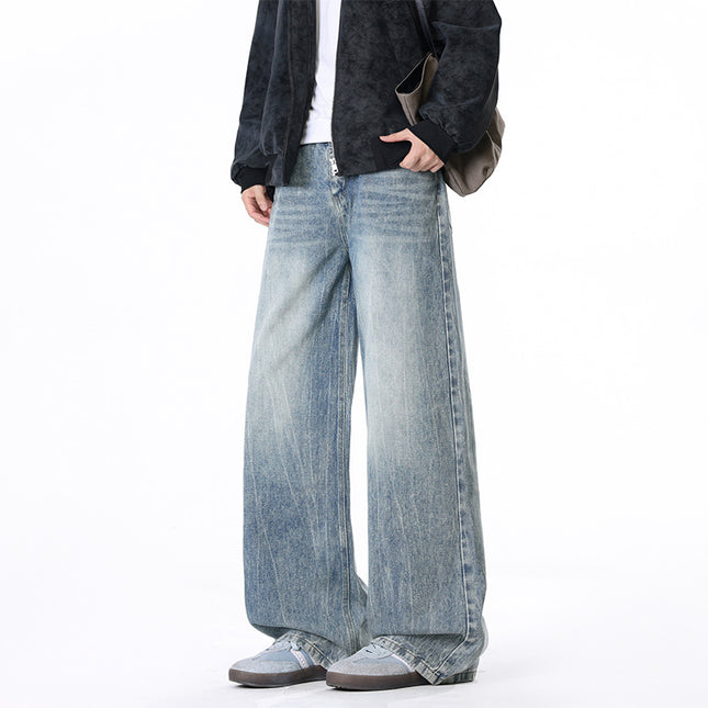 Men's Loose Straight Leg Floor Length Jeans Casual Pants with Belt Loops