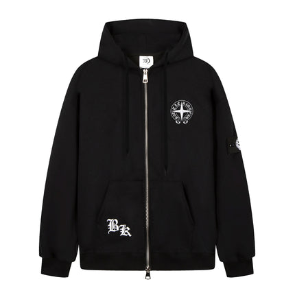 Zip Up Hoodie Jacket Drop Shoulder Loose Fit Badge Embroidery Unisex Multi Color