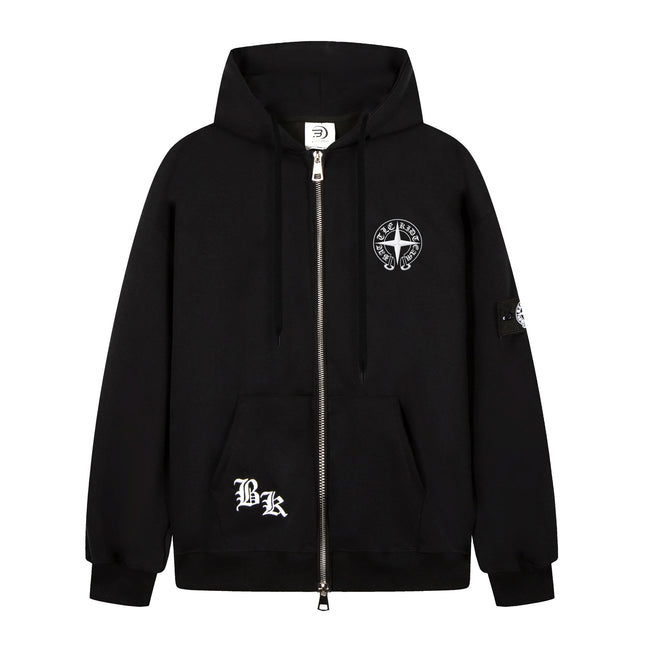 Zip Up Hoodie Jacket Drop Shoulder Loose Fit Badge Embroidery Unisex Multi Color