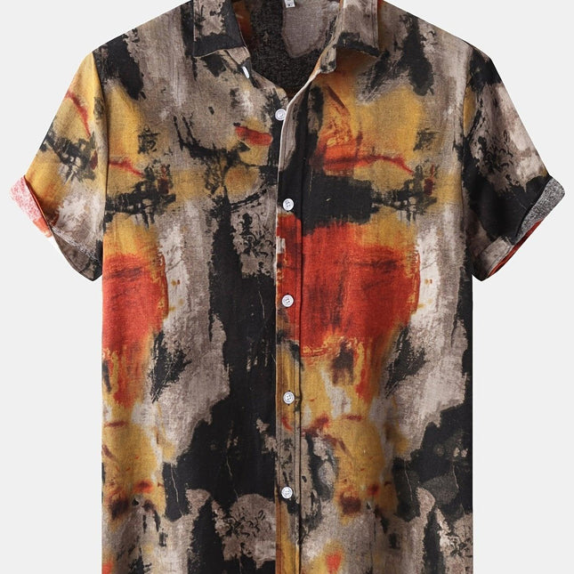 Mens Geometric Pattern Retro Oil Painting Style Short Sleeve Lapel Shirt - Comfy Casual Button Down Shirt for Summer Holiday - Cotton Blend, Non-Stretch, Regular Fit, All-Season Wear.